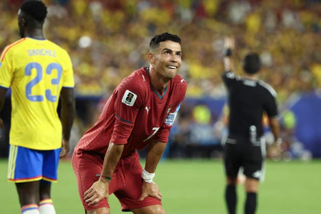 MIAMI GARDENS, FL - JUNE 27: Portugal forward Cristiano Ronaldo (7) watches a replay after an offsides call on him in the second half during the FIFA World Cup, WM, Weltmeisterschaft, Fussball 2026 Group K match between Columbia and Portugal on Saturday, June 27, 2026 at Miami Stadium in Miami Gardens, FL (Photo by Peter Joneleit Icon Sportswire)(Photo by Peter Joneleit Icon Sportswire) SOCCER: JUN 27 FIFA World Cup 26 Group K - Colombia vs Portugal EDITORIAL USE ONLY Icon260627077
