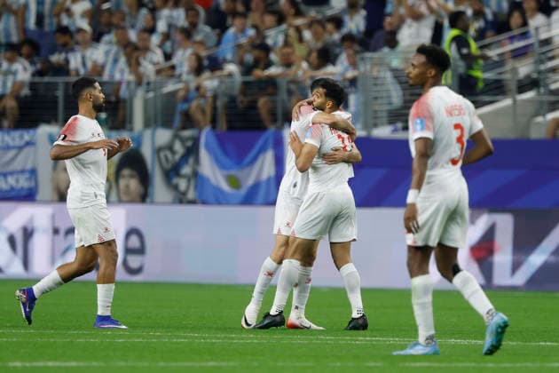 Mousa Altamari (C-R) of Jordan celebrates after scoring during the FIFA World Cup, WM, Weltmeisterschaft, Fussball 2026 Group J match between Jordan and Argentina at AT&T Stadium in Dallas, USA, 27 June 2026. FIFA World Cup 2026: Jordan - Argentina !ACHTUNG: NUR REDAKTIONELLE NUTZUNG!  Copyright: xMariscalx GR7365 20260628-55020733618_1