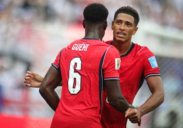 June 27, 2026, Rutherford, New Jersey, USA: England midfielder Jude Bellingham (10) celebrates his goal with England defender Marc Guehi (6) during the June 27th FIFA World Cup, WM, Weltmeisterschaft, Fussball 2026 matchup between Panama and England at MetLife Stadium in East Rutherford, New Jersey. Rutherford USA - ZUMAs325 20260627_zsp_s325_089 Copyright: xJessxStilesx