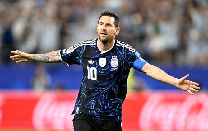 FIFA World Cup, WM, Weltmeisterschaft, Fussball 2026 - Group J - Jordan vs Argentina Lionel Messi of Argentina celebrates after scoring his team s third goal during the FIFA World Cup 2026 group stage match Jordan against Argentina, in Dallas, USA, 27 June 2026. DALLAS United States  Copyright: xALBERTxPENAx