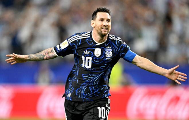 FIFA World Cup, WM, Weltmeisterschaft, Fussball 2026 - Group J - Jordan vs Argentina Lionel Messi of Argentina celebrates after scoring his team s third goal during the FIFA World Cup 2026 group stage match Jordan against Argentina, in Dallas, USA, 27 June 2026. DALLAS United States  Copyright: xALBERTxPENAx