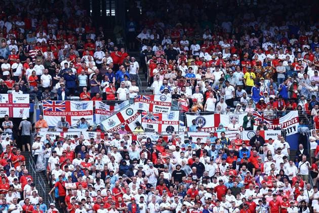 Fans of England display flags and banner Panama v England, 2026 FIFA World Cup, WM, Weltmeisterschaft, Fussball Group L, Football, New York New Jersey Stadium, East Rutherford, New Jersey, USA - 27 Jun 2026East Rutherford New York New Jersey Stadium New Jersey (NJ) United States of America EDITORIAL USE ONLY No use with unauthorised audio, video, data, fixture lists, club league logos or live services. Online in-match use limited to 120 images, no video emulation. No use in betting, games or single club league player publications.  Copyright: xMichaelxZemanek Shutterstockx 16964354dq