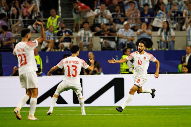 Mahmoud Al-Mardi and Mousa Tamari seen celebrating after scoring goal during FIFA World Cup, WM, Weltmeisterschaft, Fussball 2026 game between national teams of Jordan and Argentina (Grzegorz Wajda Ball Raw Images) Arlington Dallas Stadium USA Copyright: xGrzegorzxWajdax grzegorzwajda_jordan_argentina_2526_7-31