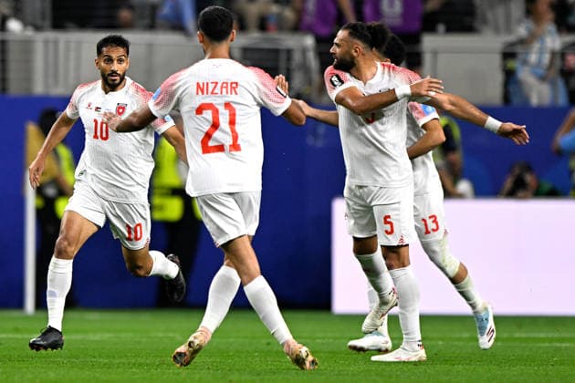 2026-06-28 Jordan v Argentina - Group J: FIFA World Cup, WM, Weltmeisterschaft, Fussball 2026 ARLINGTON, UNITED STATES - JUNE 28: Musa Al Taamari of Jordan celebrates after scoring the team s first goal with Nizar Al Rashdan of Jordan, Yazan Al Arab of Jordan, Mahmoud Al Mardi of Jordan during the Group J: FIFA World Cup 2026 match between Jordan and Argentina at Dallas Stadium on June 28, 2026 in Arlington, Texas. (Photo by Pablo Morano BSR Agency) Arlington United States Content not available for redistribution in The Netherlands directly or indirectly through any third parties. Copyright: xBSRxAgencyx