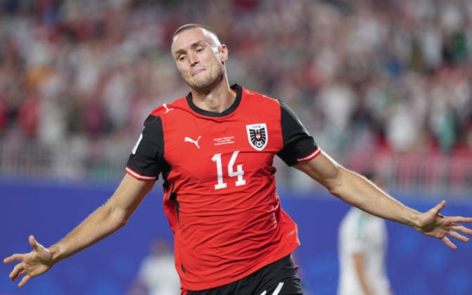 (260628) -- KANSAS CITY, June 28, 2026 -- Sasa Kalajdzic of Austria celebrates his goal during the group J match between Algeria and Austria at the 2026 FIFA World Cup, WM, Weltmeisterschaft, Fussball at Kansas City Stadium in Kansas City, the United States, June 27, 2026. ) (SP)U.S.-KANSAS CITY-FOOTBALL-FIFA WORLD CUP-GROUP J-ALG VS AUT DuxYu 