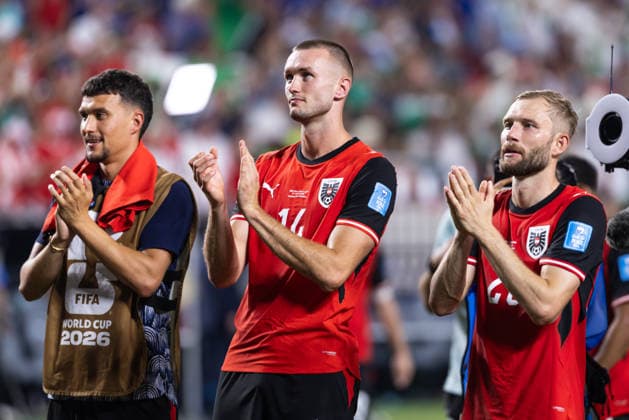 SOCCER - FIFA World Cup, WM, Weltmeisterschaft, Fussball 2026 KANSAS CITY,MISSOURI,USA,28.JUN.26 - SOCCER - FIFA World Cup 2026, group stage, Algeria vs Austria. Image shows the rejoicing of Dejan Ljubicic, Sasa Kalajdzic and Konrad Laimer (AUT).  GEPAxpictures xArminxRauthner