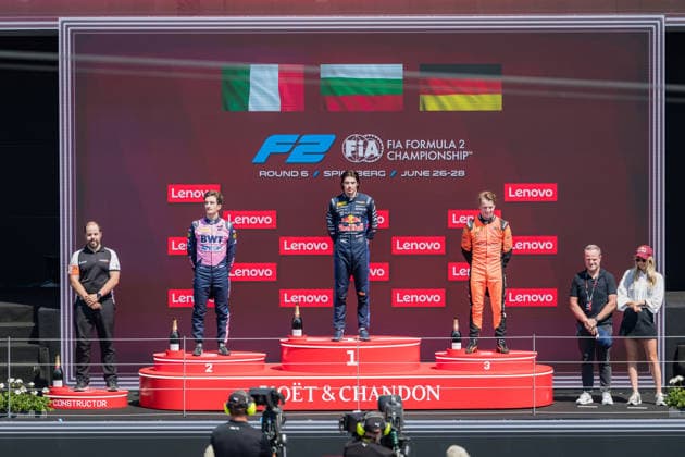 MOTORSPORTS, FORMULA 1 - GP of Austria 2026 SPIELBERG,AUSTRIA,28.JUN.26 - MOTORSPORTS, FORMULA 1 - Grand Prix of Austria, Red Bull Ring, FIA Formula 2. Image shows a mechanic, Gabriele Mini (ITA MP Motorsport), Nikola Tsolov (BUL Campos Racing) Oliver Goethe (GER MP Motorsport), Rubens Barrichello and Anna Gasser (AUT).  GEPAxpictures xMatthiasxTrinkl