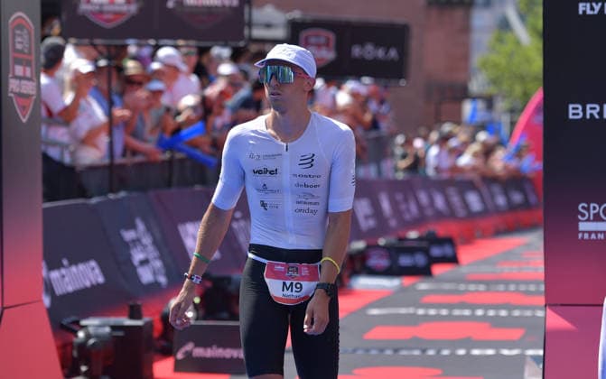 28.06.2026, xblx, Leichtathletik Ironman, Mainova IRONMAN European Championship, EM, Europameisterschaft Frankfurt 2026 v.l. Ziel, Nathan Guerbeur (FRA) (DFL DFB REGULATIONS PROHIBIT ANY USE OF PHOTOGRAPHS as IMAGE SEQUENCES and or QUASI-VIDEO) Frankfurt *** June 28, 2026, xblx, Track and Field Ironman, Mainova IRONMAN European Championship Frankfurt 2026 v l Finish Line, Nathan Guerbeur FRA DFL DFB REGULATIONS PROHIBIT ANY USE OF PHOTOGRAPHS as IMAGE SEQUENCES and or QUASI-VIDEO Frankfurt