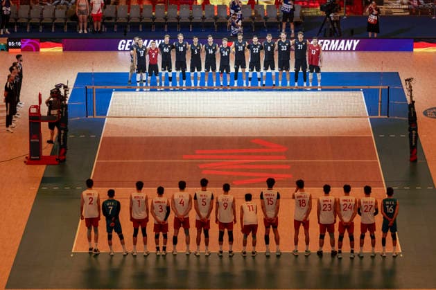 VNL China - Germany 28.06.2026 volleyball, Gliwice , Arena Pre Zero , Mens Volleyball Nations League 2026 FIVB VNL (siatkowka, Liga Narodow, Chiny - Niemcy ), game , match China - Germany image shows: team Germany during anthem (in light) Jan Zimmermann (17) Leonard Graven (2) Erik Rohrs (66) Florian Krage-Brewitz (18) Moritz Reichert (5) TIm Peter (16) Eric Burggraf (24) Yann Bohme (31) Tobias Brand (22) Filip John (8) Simon Valentin Torwie (33) Tobias Krick (21) Ruben Schott (13) photo Katarzyna Plewczynska Fotostyk Copyright: xKatarzynaxPlewczynskax 20260628KAPL5167
