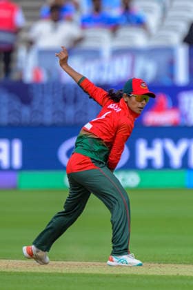 LONDON, ENGLAND JUNE 28 - Rabeya Khan of Bangladesh in bowling action during the ICC Women s T20 World Cup game between South Africa Women and Bangadesh Women at Lord s Cricket Ground on June 28, 2026 in London , England . (Photo by Keeran Marquis Sports Press Photo)  Copyright: xKeeranxMarquis SPPx Sportspressphoto_SPR179270