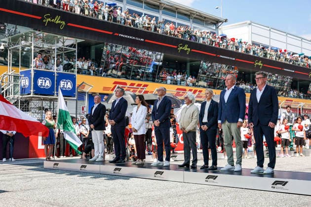 F1 - AUSTRIAN GRAND PRIX 2026 DOMENICALI Stefano (ita), Chairman and CEO Formula One Group FOG, portrait ECCLESTONE Bernie (gbr), former CEO of Formula One Group, portrait national athem during the Formula 1 Austrian Grand Prix 2026, 8th round of the 2026 Formula One World Championship, WM, Weltmeisterschaft from June 26 to 28, 2026 on the Red Bull Ring, in Spielberg, Austria - SpielbergAustria  Copyright: xANTONINxVINCENTx