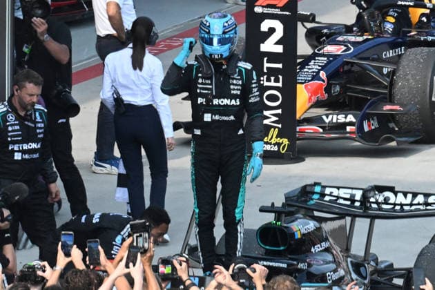 28.06.2026, xsvx, Motorsport FIA Formel 1, Grand Prix von Österreich v.l. George Russell (Mercedes AMG Petronas) Startnummer 63 jubelt ueber den Sieg (FIA REGULATIONS PROHIBIT ANY USE OF PHOTOGRAPHS as IMAGE SEQUENCES and or QUASI-VIDEO) Zeltweg-Spielberg *** June 28, 2026, xsvx, Motorsport FIA Formula 1, Austrian Grand Prix: George Russell of Mercedes AMG Petronas, car No. 63, celebrates his victory. FIA REGULATIONS PROHIBIT ANY USE OF PHOTOGRAPHS AS IMAGE SEQUENCES AND OR QUASI-VIDEO. Zeltweg, Spielberg
