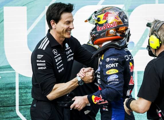 SPIELBERG - Toto Wolff (Mercedes) and Max Verstappen (Red Bull Racing) after the Austrian Grand Prix. SEM VAN DER WAL ANP xVIxANPxSportx xxANPxIVx 562274898 originalFilename: 562274898.jpg