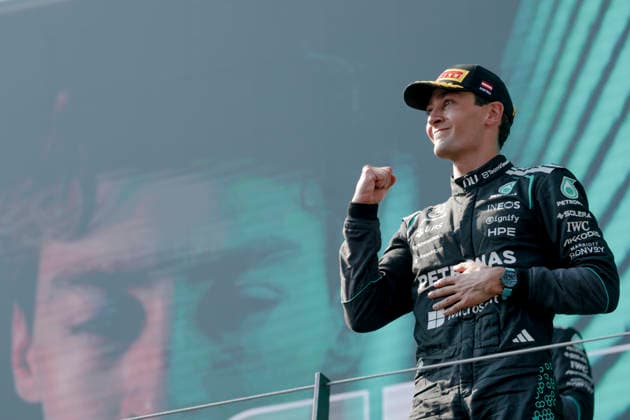 MOTORSPORTS, FORMULA 1 - GP of Austria 2026 SPIELBERG,AUSTRIA,28.JUN.26 - MOTORSPORTS, FORMULA 1 - Grand Prix of Austria, Red Bull Ring, award ceremony. Image shows the rejoicing of George Russell (GBR Mercedes) .  GEPAxpictures xMatthiasxTrinkl
