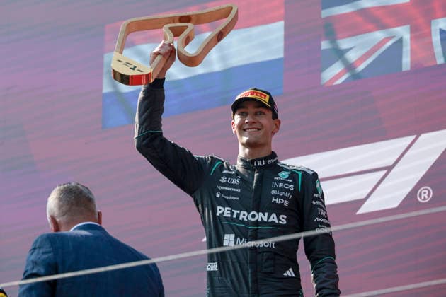 MOTORSPORTS, FORMULA 1 - GP of Austria 2026 SPIELBERG,AUSTRIA,28.JUN.26 - MOTORSPORTS, FORMULA 1 - Grand Prix of Austria, Red Bull Ring, award ceremony. Image shows the rejoicing of George Russell (GBR Mercedes) . keywords: trophy.  GEPAxpictures xMatthiasxTrinkl