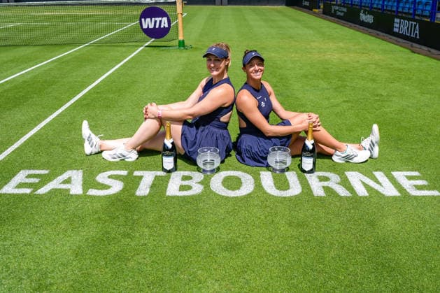 Lexus Eastbourne Open - Day Seven Gabriela Dabrowski of Canada poses with the winner s trophy alongside playing partner Luisa Stefani of Brazil following the Doubles Final at the 2026 Lexus Eastbourne Open Women s tennis tournament at the Devonshire Park Lawn Tennis Club in Eastbourne, England, on June 27, 2026. Eastbourne United Kingdom  Copyright: xOwenxHammondx originalFilename:hammond-2026lexu260628_npXKV.jpg