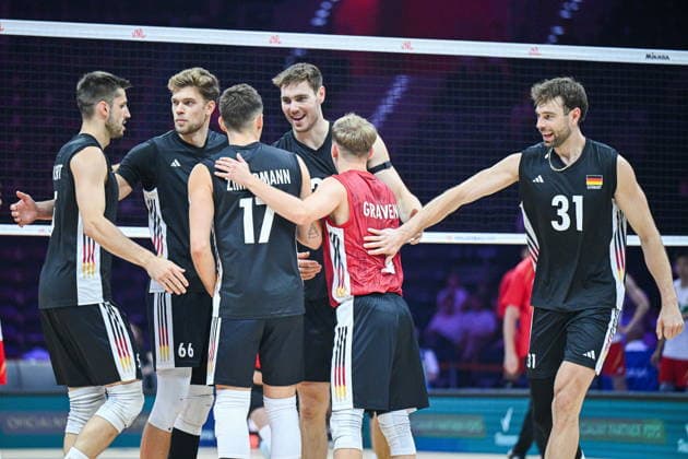 Gliwice 28.06.2026. Volleyball Men s Volleyball Nations League season 2026 match between China and Germany in Gliwice, Poland. --- Siatkowka Liga Narodow sezon 2026 mecz: Chiny - Niemcy. Persons shown: Reprezentacja Niemiec Niemcy Germany radosc Fot. Antoni Dec Arena Akcji NEWSPIX.PL --- newspix.pl 