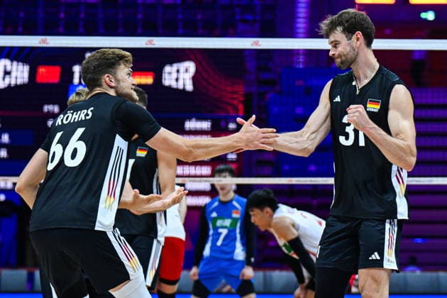 Gliwice 28.06.2026. Volleyball Men s Volleyball Nations League season 2026 match between China and Germany in Gliwice, Poland. --- Siatkowka Liga Narodow sezon 2026 mecz: Chiny - Niemcy. Persons shown: Erik Rohrs Yann Bohme radosc celebration Fot. Antoni Dec Arena Akcji NEWSPIX.PL --- newspix.pl 