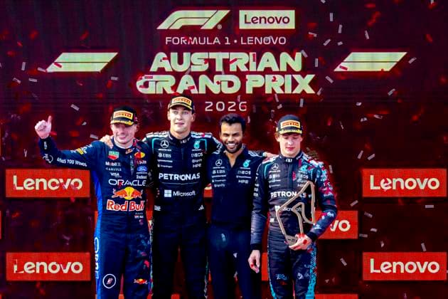 SPIELBERG - Formula 1 driver Max Verstappen of Oracle Red Bull Racing second, Formula 1 driver George Russell of Mercedes AMG-Petronas Formula One Team first, and Formula 1 driver Kimi Antonelli of Mercedes AMG-Petronas Formula One Team second during the Formula 1 Austria at the Red Bull Ring on June 28, 2026 in Spielberg, Austria. (Photo by DeFodi Images) - *** SPIELBERG: Formula 1 driver Max Verstappen of Oracle Red Bull Racing finished second, Formula 1 driver George Russell of the Mercedes AMG Petronas Formula One Team finished first, and Formula 1 driver Kimi Antonelli of the Mercedes AMG Petronas Formula One Team finished second during the Formula 1 Austrian Grand Prix at the Red Bull Ring on June 28, 2026 in Spielberg, Austria. Photo by DeFodi Images
