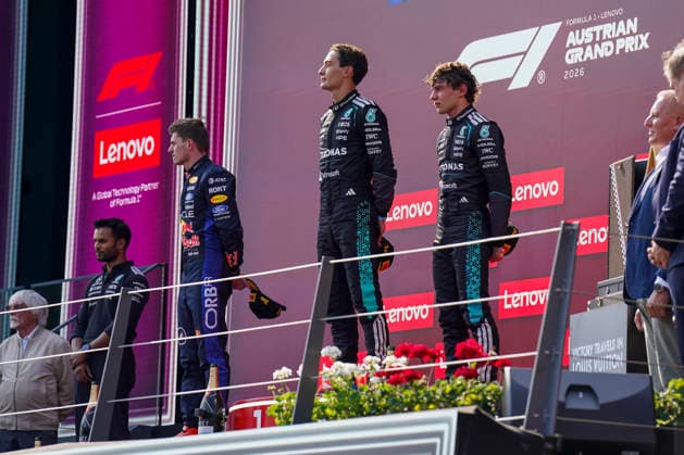 FORMULA ONE AUSTRIAN GRAND PRIX 2026 George Russell 63 (GBR) Mercedes, Max Verstappen 3 (NED) Red Bull Racing and Kimi Antonelli 12 (ITA) Mercedes celebrate on the podium during the Formula 1 Lenovo Austrian Grand Prix 2026, 8th round of the 2026 Formula 1 World Championship, WM, Weltmeisterschaft from 26th-28th June, 2026 at the Red Bull Ring, Spielberg, Austria. Credit: Robbie Hoad Every Second Media Editorial use only. All images are copyright Every Second Media Limited. No images may be reproduced without prior permission. Copyright: xIMAGO EveryxSecondxMediax ESM-2048-0447 RobbiexHoadx xEveryxSecondxMediax