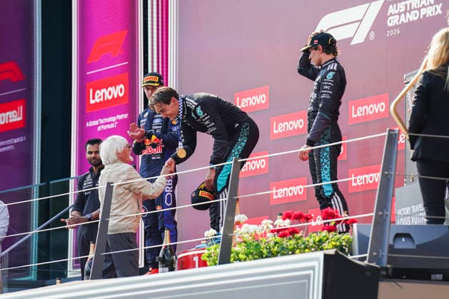 FORMULA ONE AUSTRIAN GRAND PRIX 2026 George Russell 63 (GBR) Mercedes celebrates on the podium after winning the race during the Formula 1 Lenovo Austrian Grand Prix 2026, 8th round of the 2026 Formula 1 World Championship, WM, Weltmeisterschaft from 26th-28th June, 2026 at the Red Bull Ring, Spielberg, Austria. Credit: Robbie Hoad Every Second Media Editorial use only. All images are copyright Every Second Media Limited. No images may be reproduced without prior permission. Copyright: xIMAGO EveryxSecondxMediax ESM-2048-0452 RobbiexHoadx xEveryxSecondxMediax