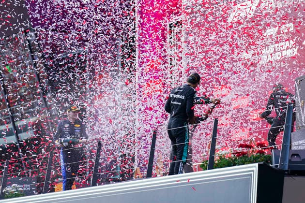 FORMULA ONE AUSTRIAN GRAND PRIX 2026 George Russell 63 (GBR) Mercedes, Max Verstappen 3 (NED) Red Bull Racing and Kimi Antonelli 12 (ITA) Mercedes celebrate on the podium during the Formula 1 Lenovo Austrian Grand Prix 2026, 8th round of the 2026 Formula 1 World Championship, WM, Weltmeisterschaft from 26th-28th June, 2026 at the Red Bull Ring, Spielberg, Austria. Credit: Robbie Hoad Every Second Media Editorial use only. All images are copyright Every Second Media Limited. No images may be reproduced without prior permission. Copyright: xIMAGO EveryxSecondxMediax ESM-2048-0460 RobbiexHoadx xEveryxSecondxMediax