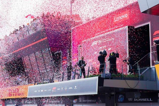 FORMULA ONE AUSTRIAN GRAND PRIX 2026 George Russell 63 (GBR) Mercedes, Max Verstappen 3 (NED) Red Bull Racing and Kimi Antonelli 12 (ITA) Mercedes celebrate on the podium during the Formula 1 Lenovo Austrian Grand Prix 2026, 8th round of the 2026 Formula 1 World Championship, WM, Weltmeisterschaft from 26th-28th June, 2026 at the Red Bull Ring, Spielberg, Austria. Credit: Robbie Hoad Every Second Media Editorial use only. All images are copyright Every Second Media Limited. No images may be reproduced without prior permission. Copyright: xIMAGO EveryxSecondxMediax ESM-2048-0461 RobbiexHoadx xEveryxSecondxMediax