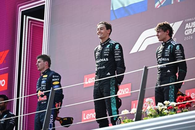 Max Verstappen 3, Oracle Red Bull Racing, George Russell 63, Mercedes-AMG Petronas F1 Team, Andrea Kimi Antonelli 12, Mercedes-AMG Petronas F1 Team, Siegerehrung,Rennen, Grosser Preis von Oesterreich, Motorsport, Herren, Formel 1, 28.06.2026 Spielberg Steiermark Austria *** Max Verstappen 3, Oracle Red Bull Racing, George Russell 63, Mercedes AMG Petronas F1 Team, Andrea Kimi Antonelli 12, Mercedes AMG Petronas F1 Team, Award Ceremony, Race, Austrian Grand Prix, Motorsports, Men, Formula 1, June 28, 2026, Spielberg, Styria, Austria Copyright: xkolbert-press MartinxWdziecznyx