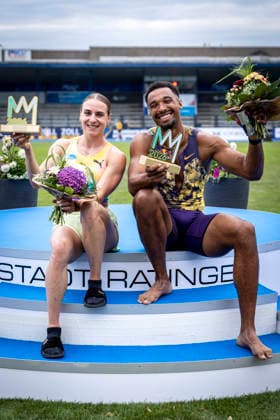 RATINGEN, GERMANY - JUNE 28, 2026 : Annik Kälin (SUI Switzerland) and Leo Neugebauer (GER Germany) the winner of the Multisport Event at Stadion Ratingen on June 28, 2026 in Ratingen, Germany. Nordrhein-Westfalen Germany Copyright: xLeahxKohringx