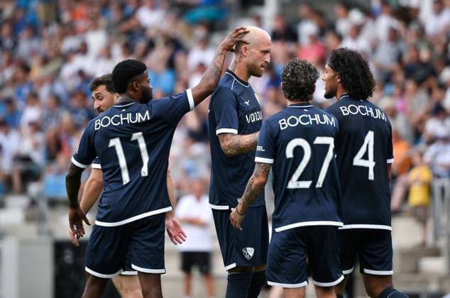 Jubel Moritz-Broni Kwarteng (VfL Bochum), Moritz Broni Kwarteng, Philipp Hofmann (VfL Bochum), Babis Drakas (VfL Bochum), Yigit Karademir (VfL Bochum), v.li. 28.06.2026, Fussball 2. Bundesliga, Saison 2026 2027, Testspiel, VfL Bochum - Vonovia Allstars Bochum Vonovia Ruhrstadion Nordrhein Westfalen Deutschland *** Moritz Broni Kwarteng, VfL Bochum, celebrating; Moritz Broni Kwarteng, Philipp Hofmann, VfL Bochum; Babis Drakas, VfL Bochum; Yigit Karademir, VfL Bochum; from left, June 28, 2026, Soccer, 2. Bundesliga, 2026–2027 season, Friendly Match, VfL Bochum vs. Vonovia Allstars, Bochum, Vonovia Ruhrstadion, North Rhine-Westphalia, Germany Team2