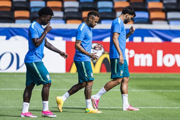 Neymar of Brazil, Lucas Paquetá of Brazil and Vinícius Júnior of Brazil during the Brazil training session during the FIFA World Cup, WM, Weltmeisterschaft, Fussball 2026 at Houston Dash and Dynamo Stadium on June 28th,2026 (Photo by Joao Bravo Sports Press Photo)  Copyright: xJoaoxBravo SportsxPressxPhotox Sportspressphoto_SPR179455
