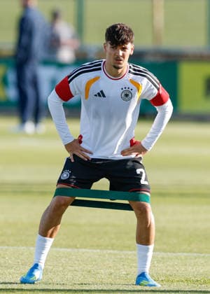 Denbighshire, Wales, 28th June 2026. Rafael Pinto Pedrosa of Germany warms up ahead of the Germany U19 vs Denmark U19 UEFA European U19 Championship match at Central Park, Denbighshire. Picture credit should read: Cody Froggatt Sportimage EDITORIAL USE ONLY. No use with unauthorised audio, video, data, fixture lists, club league logos or live services. Online in-match use limited to 120 images, no video emulation. No use in betting, games or single club league player publications. SPI_005_CF_GERMANY_U19_V_DENMARK_U19 SPI-4848-0005