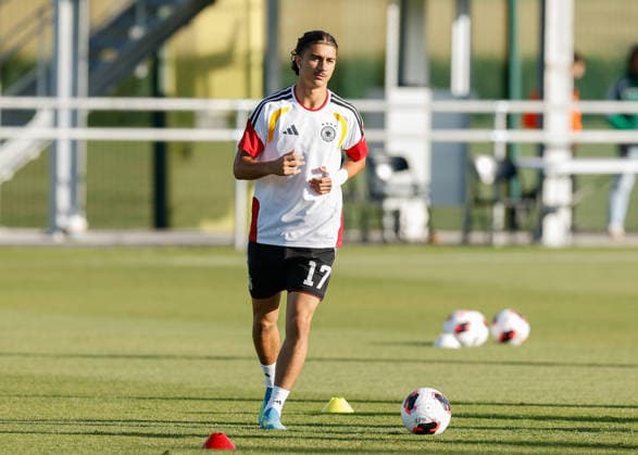 Denbighshire, Wales, 28th June 2026. Adin Licina of Germany warms up ahead of the Germany U19 vs Denmark U19 UEFA European U19 Championship match at Central Park, Denbighshire. Picture credit should read: Cody Froggatt Sportimage EDITORIAL USE ONLY. No use with unauthorised audio, video, data, fixture lists, club league logos or live services. Online in-match use limited to 120 images, no video emulation. No use in betting, games or single club league player publications. SPI_007_CF_GERMANY_U19_V_DENMARK_U19 SPI-4848-0007