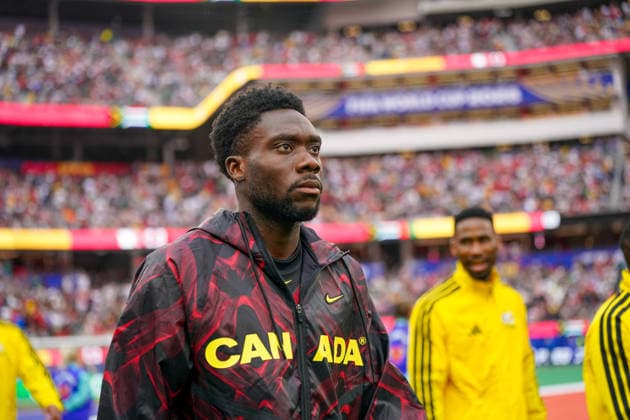 USA: Fußball FIFA World Cup, WM, Weltmeisterschaft, Fussball 2026, Sechzehntelfinale, Round of 32, Südafrika vs Kanada, South Africa vs Canada, SoFi Stadium (Inglewood, Los Angeles County, Kalifornien): Alphonso Davies (Kanada 19) *** USA Soccer 2026 FIFA World Cup, Round of 32, South Africa vs. Canada, SoFi Stadium, Inglewood, Los Angeles County, California; Alphonso Davies, Canada, 19 Copyright: xJOERANxSTEINSIEKx