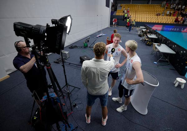 DENMARK Volleyball, men s semifinal, European League: Denmark - Finland Fedor Ivanov (33) and Luka Mattila (10) are interviewed after the match. The Danish volleyball men lose 1-3 in sets to Finland. Denmark faces Finland in the men s volleyball semifinal in the European League at Odense Sports Park, Sunday, June 28, 2026. (Photo: Robert Wengler Ritzau Scanpix) , Odense Denmark *** DENMARK Men’s Volleyball Semifinal, European League: Denmark vs. Finland. Fedor Ivanov (33) and Luka Mattila (10) are interviewed after the match. The Danish men’s volleyball team lost 1–3 in sets to Finland. Denmark faced Finland in the men’s volleyball semifinal of the European League at Odense Sports Park on Sunday, June 28, 2026. Photo by Robert Wengler, Ritzau Scanpix, Odense, Denmark  Copyright: fotojournalistxRobertxWenglerxx+x45x20430656x-xrobert@wengler.dkx-xwww.wengler.dk RobertxWenglerx spdk20260628-205530-L