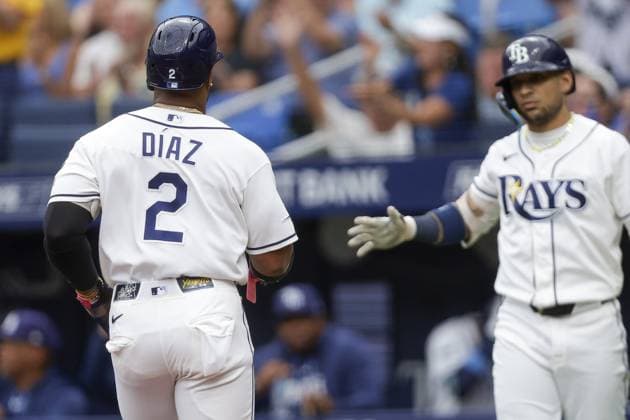 June 28, 2026, St. Petersburg, Florida, USA: Tampa Bay Rays designated hitter Yandy DoÂ­az (2) is congratulated by right fielder Victor Mesa Jr. (25) after scoring in the first inning against the Arizona Diamondbacks on Sunday, June 28, 2026 in St. Petersburg. St. Petersburg USA - ZUMAs70_ 0860238225st Copyright: xLuisxSantanax