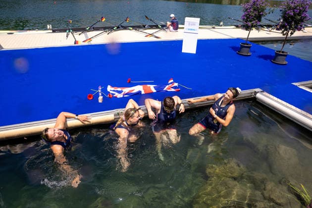 RECORD DATE NOT STATED 28th June 2026; Lucerne, Switzerland; World Rowing Cup Day Three; Womens Quadruple Sculls (W4x) - the medal ceremony - Great Britain cool down AnthonyxBenoit