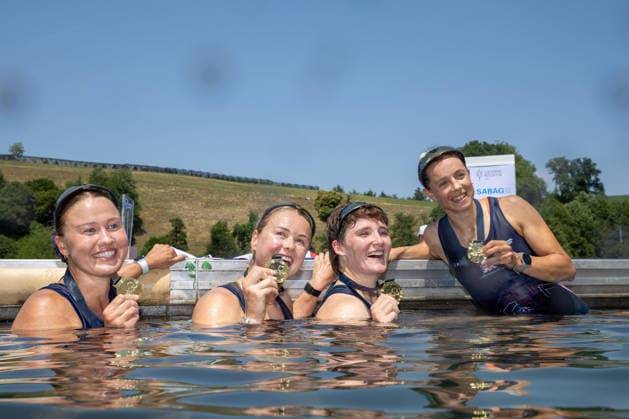 RECORD DATE NOT STATED 28th June 2026; Lucerne, Switzerland; World Rowing Cup Day Three; Womens Quadruple Sculls (W4x) - the medal ceremony - Great Britain celebrate the gold medal AnthonyxBenoit