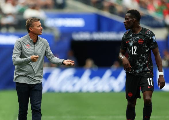 (260629) -- LOS ANGELES, June 29, 2026 -- Jesse Marsch (L), head coach of Canada, speaks to Tani Oluwaseyi during the round of 32 match between Canada and South Africa at the 2026 FIFA World Cup, WM, Weltmeisterschaft, Fussball at Los Angeles Stadium in Los Angeles, the United States, June 28, 2026. ) (SP)U.S.-LOS ANGELES-FOOTBALL-FIFA WORLD CUP-ROUND OF 32-CAN VS RSA MaoxSiqian 