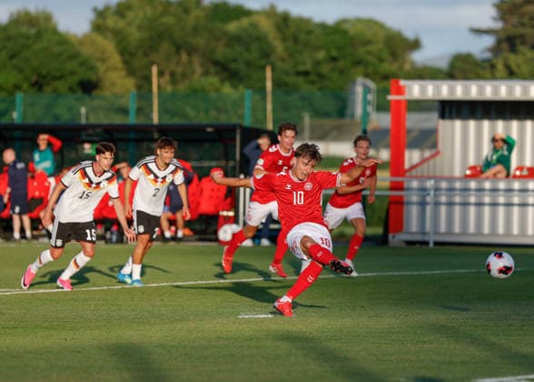 Denbighshire, Wales, 28th June 2026. Olti Hyseni of Denmark scores their sides first goal during the Germany U19 vs Denmark U19 UEFA European U19 Championship match at Central Park, Denbighshire. Picture credit should read: Cody Froggatt Sportimage EDITORIAL USE ONLY. No use with unauthorised audio, video, data, fixture lists, club league logos or live services. Online in-match use limited to 120 images, no video emulation. No use in betting, games or single club league player publications. SPI_23_CF_GERMANY_U19_V_DENMARK_U19 SPI-4848-0021