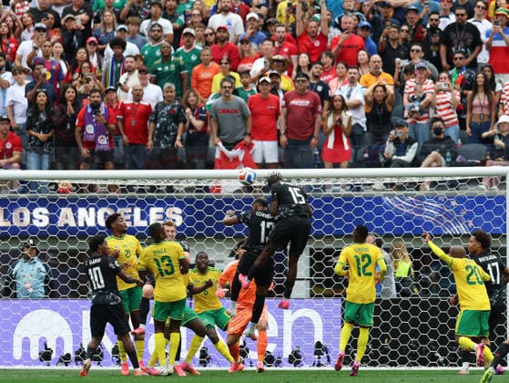 (260629) -- LOS ANGELES, June 29, 2026 -- Moise Bombito (up R) and Derek Cornelius (up L) of Canada head the ball during the round of 32 match between Canada and South Africa at the 2026 FIFA World Cup, WM, Weltmeisterschaft, Fussball at Los Angeles Stadium in Los Angeles, the United States, June 28, 2026. ) (SP)U.S.-LOS ANGELES-FOOTBALL-FIFA WORLD CUP-ROUND OF 32-CAN VS RSA BaixXuefei 