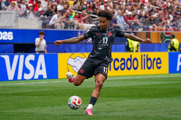 USA: Fußball FIFA World Cup, WM, Weltmeisterschaft, Fussball 2026, Sechzehntelfinale, Round of 32, Südafrika vs Kanada, South Africa vs Canada, SoFi Stadium (Inglewood, Los Angeles County, Kalifornien): Tajon Buchanan (Kanada 17) *** USA Soccer 2026 FIFA World Cup, Round of 32, South Africa vs. Canada, SoFi Stadium, Inglewood, Los Angeles County, California; Tajon Buchanan, Canada, 17 Copyright: xJOERANxSTEINSIEKx