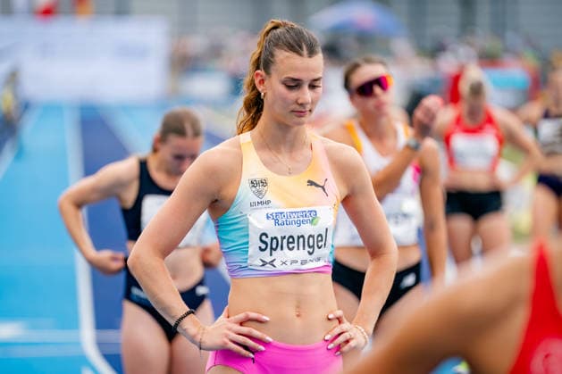 Ratingen, 28.06.2026, Leichathletik, Mehrkampf, Siebenkampf Sandrina Sprengel (GER, VfB Stuttgart 1893) vor dem abschließenden 800m-Lauf *** Ratingen, June 28, 2026, Track and Field, Combined Events, Heptathlon: Sandrina Sprengel (GER), VfB Stuttgart 1893, before the final 800-meter run