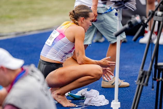 Ratingen, 28.06.2026, Leichathletik, Mehrkampf, Siebenkampf Lexie Keller (USA) nachdem abschließenden 800m-Lauf *** Ratingen, June 28, 2026, Track and Field, Combined Events, Heptathlon: Lexie Keller (USA) after the final 800-meter race