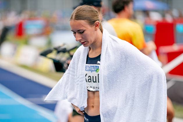 Ratingen, 28.06.2026, Leichathletik, Mehrkampf, Siebenkampf Emma Kaul (GER, USC Mainz) erschöpft nachdem abschließenden 800m-Lauf *** Ratingen, June 28, 2026, Track and Field, Combined Events, Heptathlon: Emma Kaul (GER), USC Mainz, exhausted after the final 800-meter run