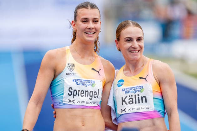 Ratingen, 28.06.2026, Leichathletik, Mehrkampf, Siebenkampf Siegerfoto von der Gewinnerin Annik Kälin (Switzerland) und der Drittplatzierten Sandrina Sprengel (GER, VfB Stuttgart 1893) *** Ratingen, June 28, 2026, Track and Field, Combined Events, Heptathlon: Photo of the winner, Annik Kälin of Switzerland, and the third-place finisher, Sandrina Sprengel of Germany (VfB Stuttgart 1893)