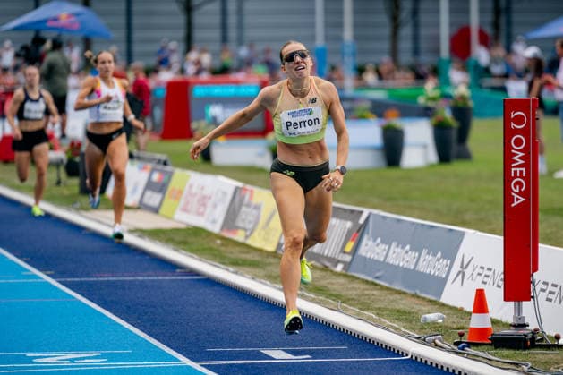 Ratingen, 28.06.2026, Leichathletik, Mehrkampf, Siebenkampf Zieleinlauf von CÃ lia Perron (France) beim 800m-Lauf *** Ratingen, June 28, 2026, Track and Field, Combined Events, Heptathlon: CÃ lia Perron of France crosses the finish line in the 800-meter race