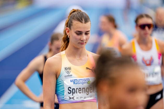 Ratingen, 28.06.2026, Leichathletik, Mehrkampf, Siebenkampf Sandrina Sprengel (GER, VfB Stuttgart 1893) vor dem abschließenden 800m-Lauf *** Ratingen, June 28, 2026, Track and Field, Combined Events, Heptathlon: Sandrina Sprengel (GER), VfB Stuttgart 1893, before the final 800-meter run