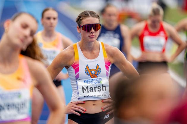Ratingen, 28.06.2026, Leichathletik, Mehrkampf, Siebenkampf Erin Marsh (USA) vor dem abschließenden 800m-Lauf *** Ratingen, June 28, 2026, Track and Field, Combined Events, Heptathlon: Erin Marsh (USA) before the final 800-meter race