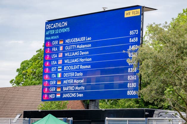 Ratingen, 28.06.2026, Leichathletik, Mehrkampf, Zehnkampf Finales Ergebnis vom Zehnkampf der Männer auf der Anzeigetafel *** Ratingen, June 28, 2026, Track and Field, Combined Events, Decathlon Final results of the men s decathlon on the scoreboard